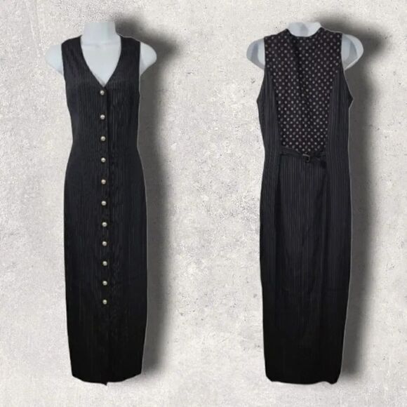Vintage 90s Y2K Suit Pinstriped Button Down Midi Dress in Midnight Navy/Black - Picture 2 of 11